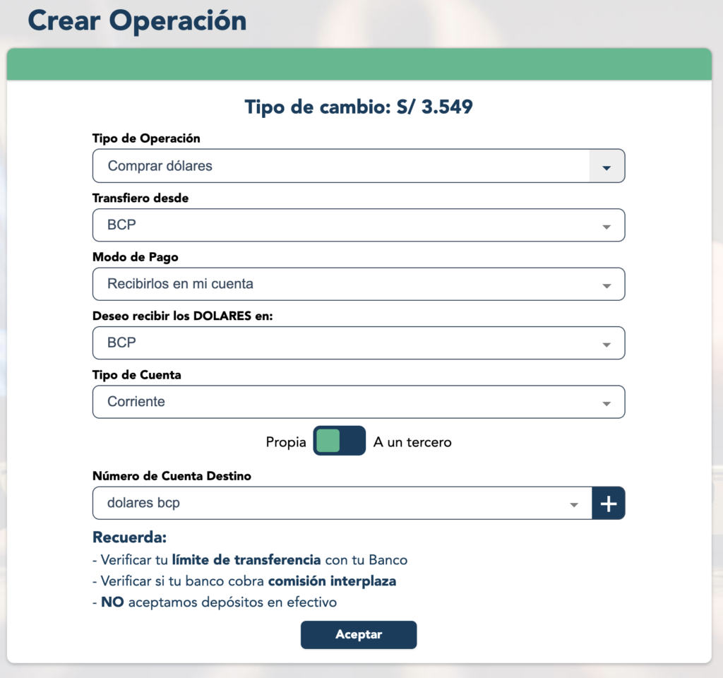 crear una operación - acomo - dolares a soles - casa de cambio - tipo de cambio